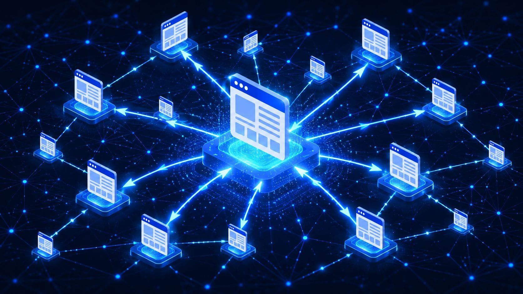 Google PageRank Algorithmus 2026 – Netzwerk verlinkter Webseiten als Knotengraph, visualisiert mit Linkjuice-Fluss und KI-Ranking-Signalen