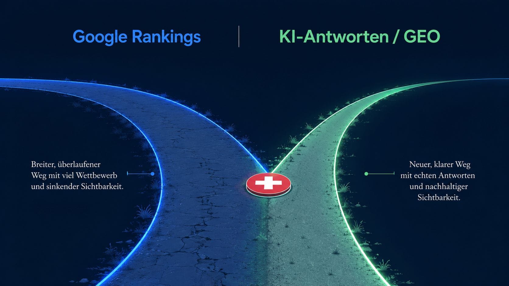 SEO 2026 Schweiz – Weggabelung zwischen klassischem Google-Ranking und KI-gestützter Suche mit GEO