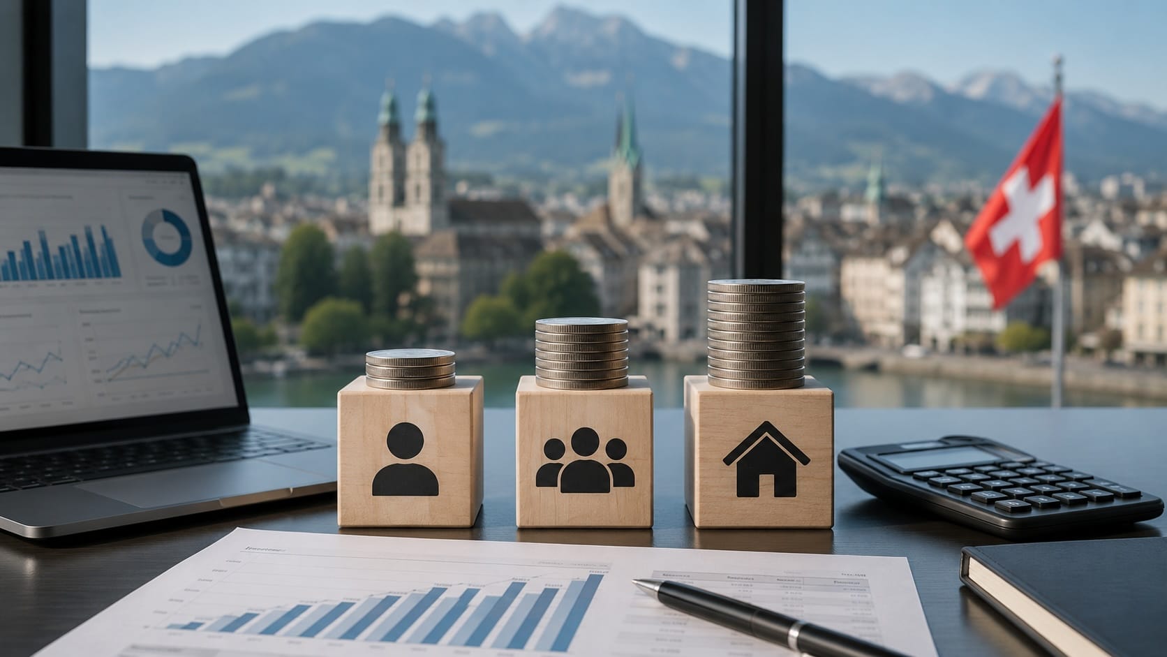 SEO-Kostenvergleich in der Schweiz mit Laptop, Finanzdiagrammen und Schweizer Skyline im modernen Büro