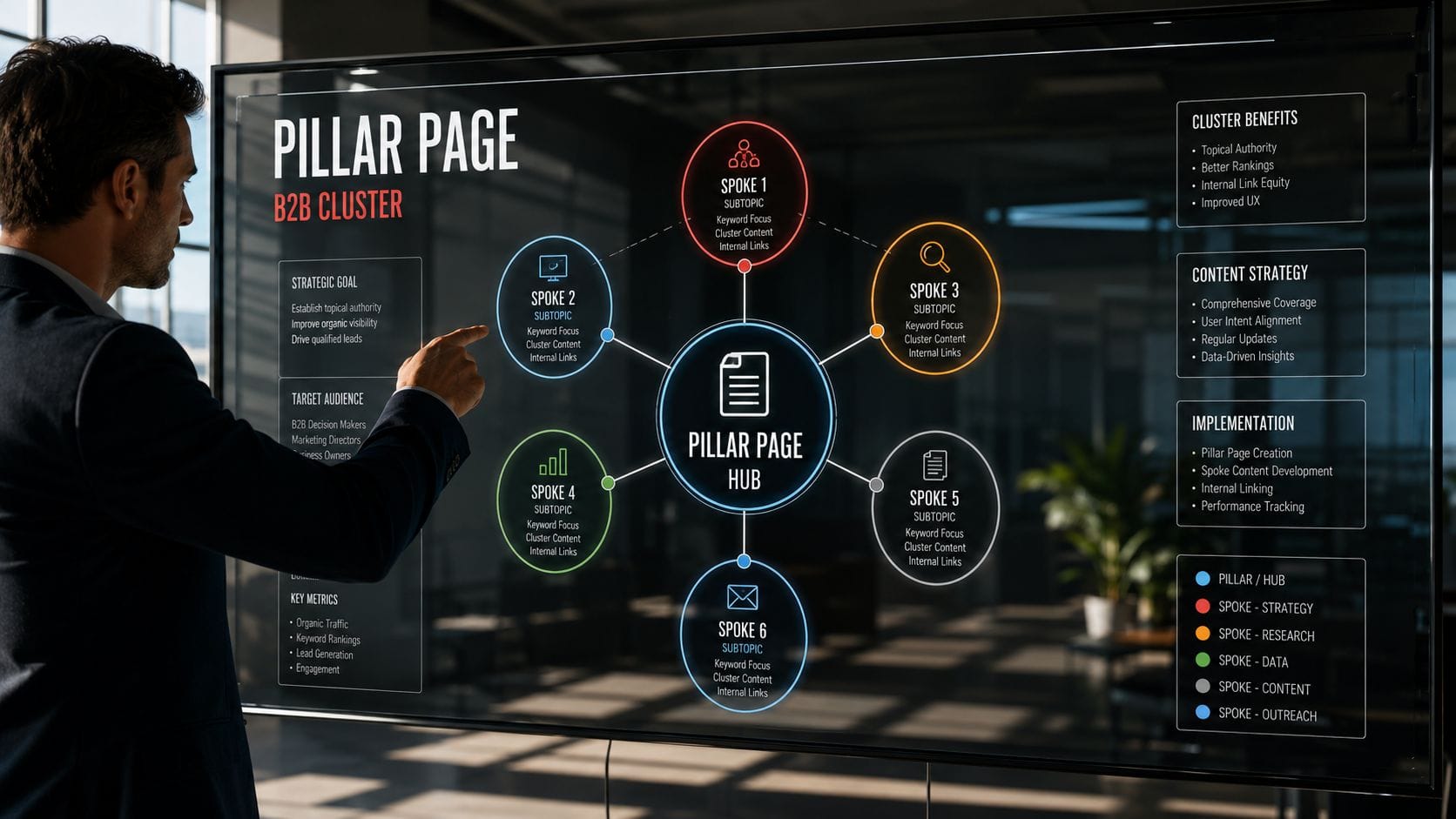 Dramatisches Foto einer B2B SEO Strategiesitzung. Ein Monitor zeigt ein semantisches Themencluster und ein Pillar Page Modell mit Hub und Spokes.