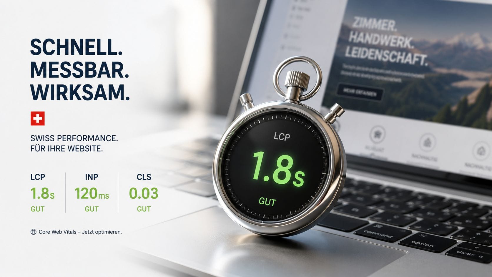 Core Web Vitals 2026 – Schweizer Stoppuhr auf Laptop symbolisiert LCP-Ladezeit-Optimierung für Google Ranking