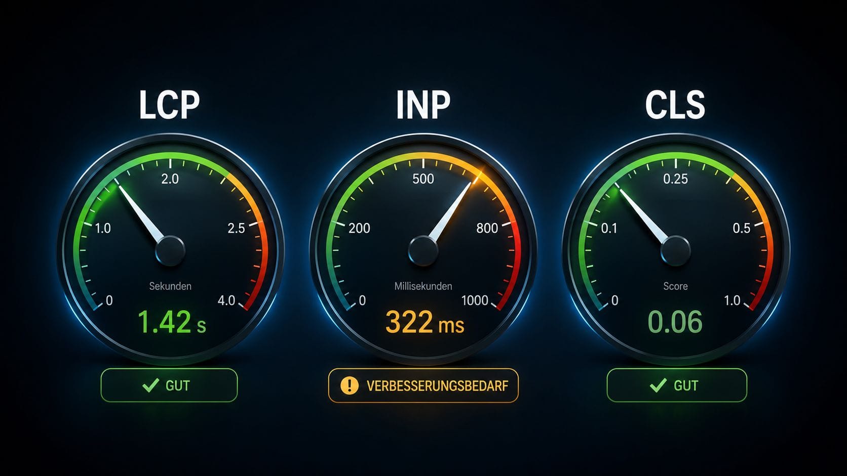 Core Web Vitals 2026 – drei Messuhren zeigen LCP, INP und CLS Werte für Google Ranking