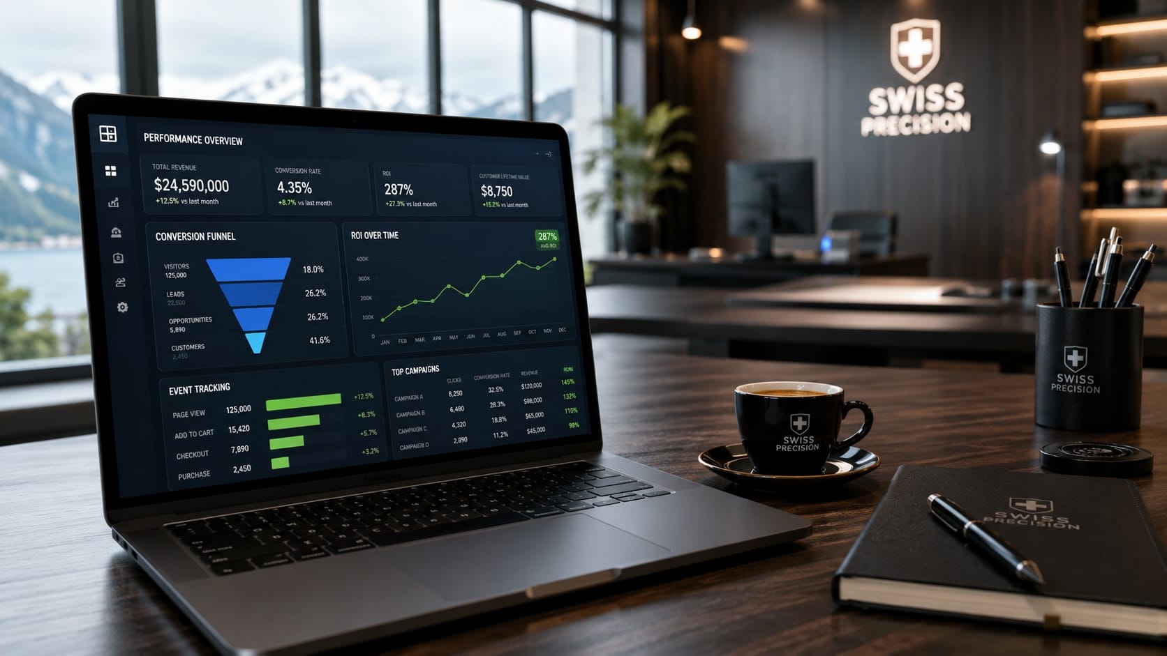 Ein moderner Laptop mit einem detaillierten Daten-Dashboard, das die Ergebnisse eines professionellen GA4 SEO Setups und B2B Conversion-Trackings symbolisiert.