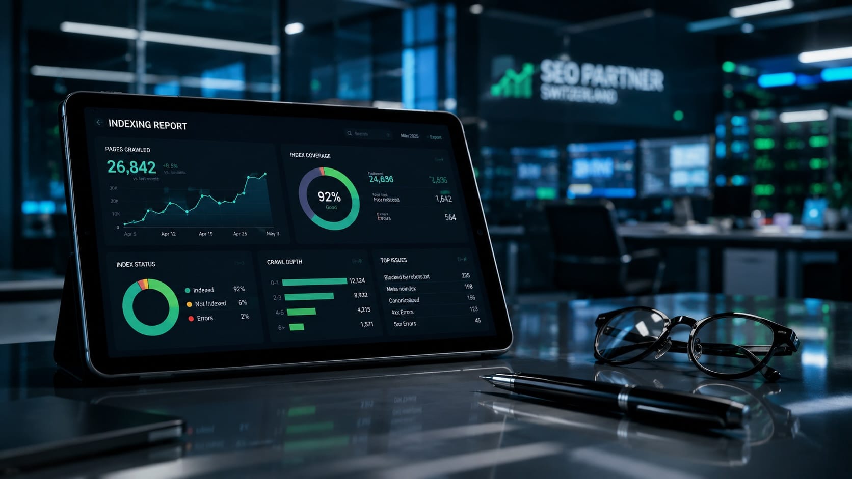 Ein Tablet mit leuchtenden Datendiagrammen auf einem Konferenztisch, das einen technischen SEO-Audit und die professionelle Einrichtung der Google Search Console symbolisiert.