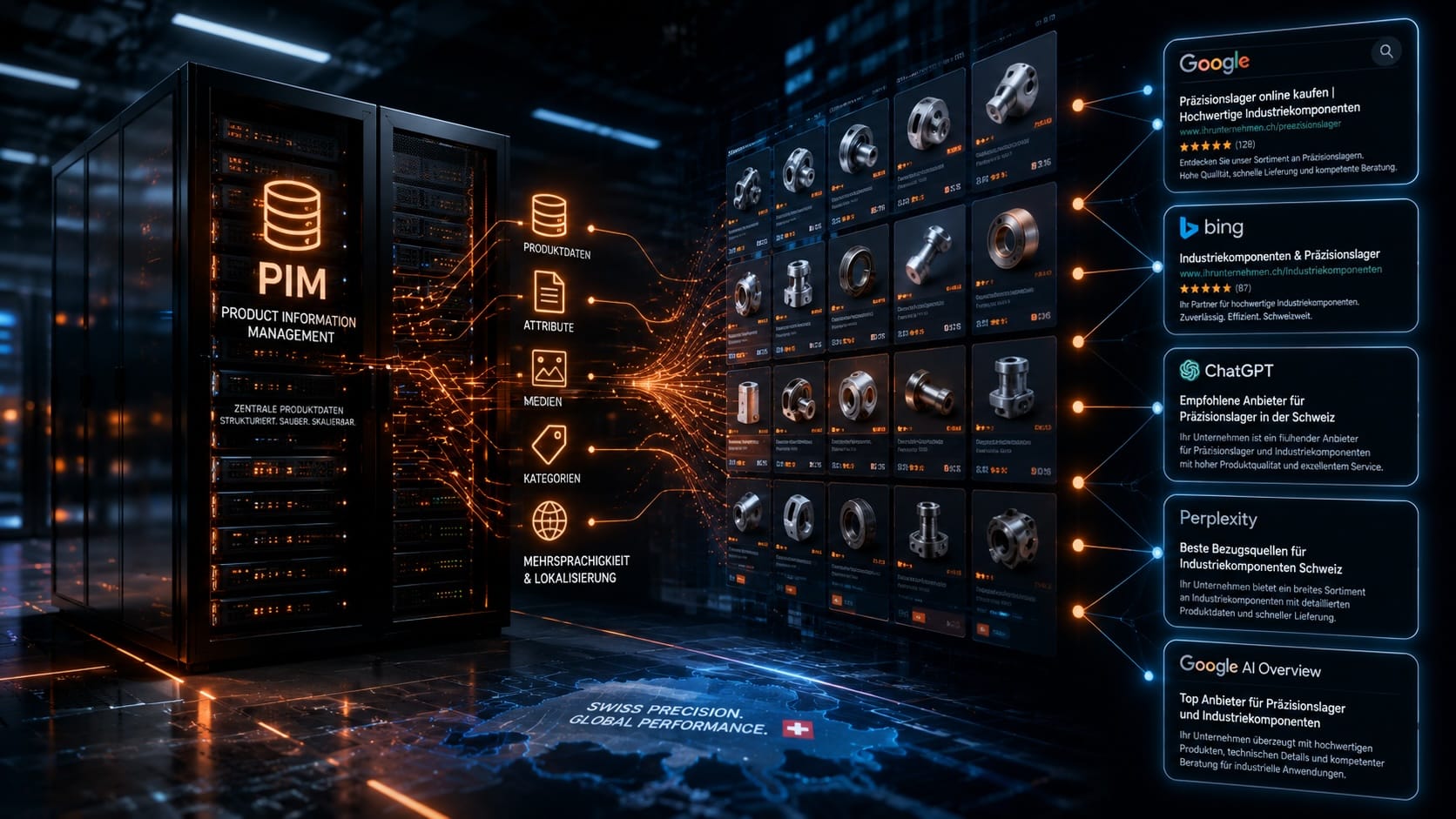 Ein futuristisches PIM-System, das durch Programmatic SEO automatisch Tausende B2B-Produkte mit den Google-Suchergebnissen verbindet.