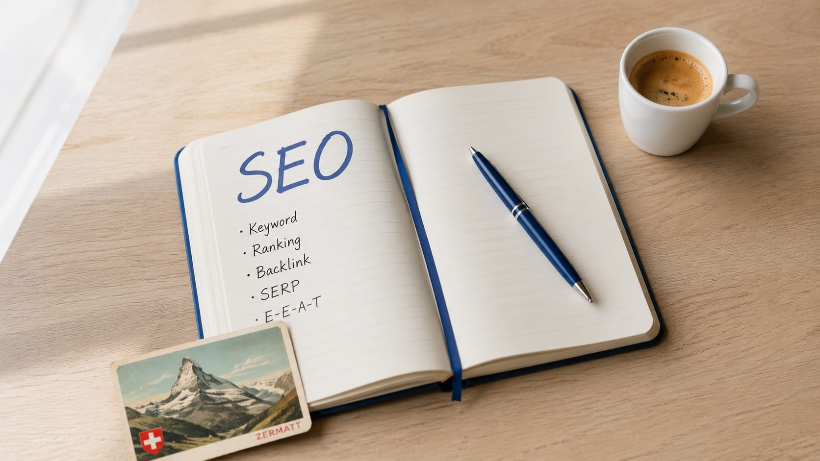 SEO Begriffe Glossar Schweiz – Notizbuch mit den 50 wichtigsten SEO-Definitionen auf Deutsch