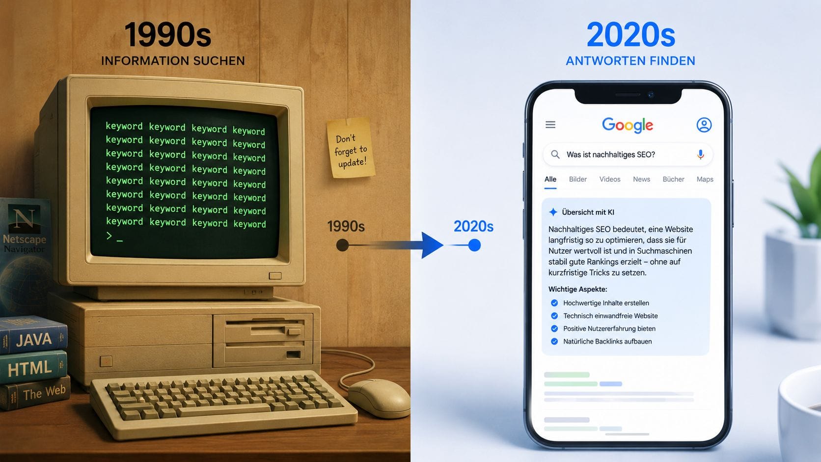 SEO Geschichte 1991 bis 2026 – Entwicklung von Keyword-Stuffing zu semantischer KI-Optimierung