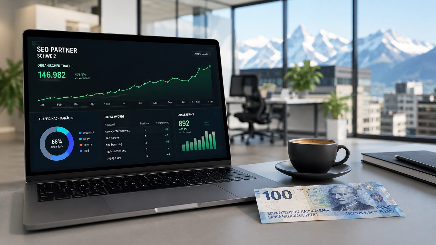 Ein Laptop mit einem Ranking-Dashboard neben einer 100-Franken-Note als Symbol für ein kosteneffizientes Setup an SEO Tools für Schweizer KMU.