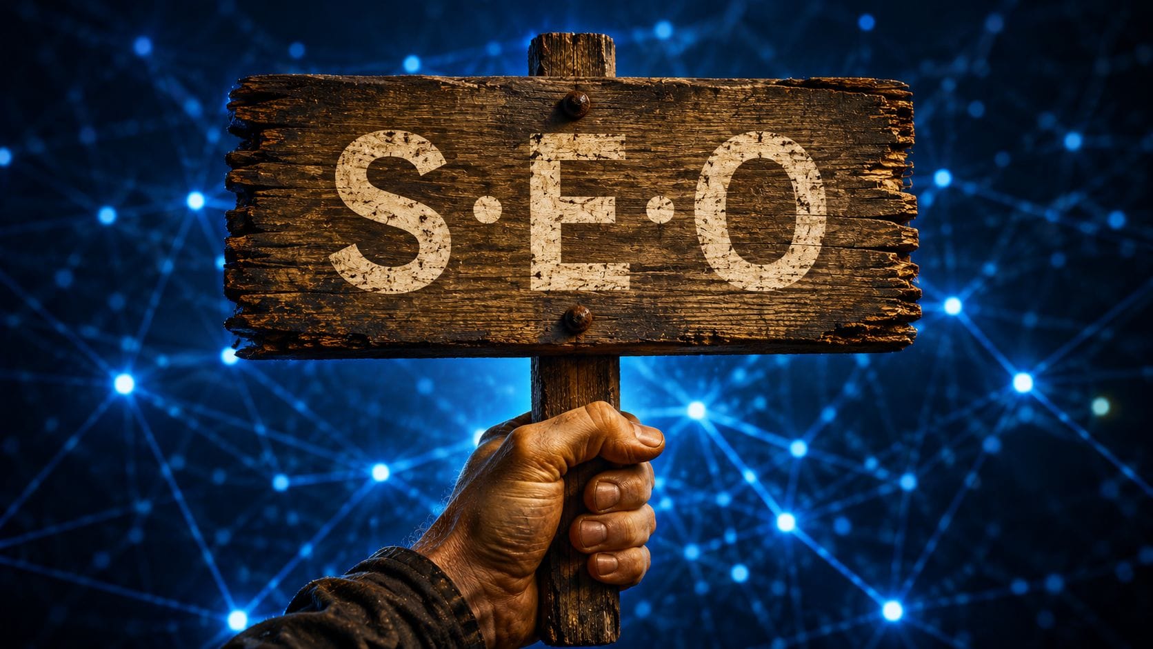 Wofür steht SEO – Holzschild mit SEO-Abkürzung vor digitalem Netzwerk symbolisiert 30 Jahre Suchmaschinenoptimierung