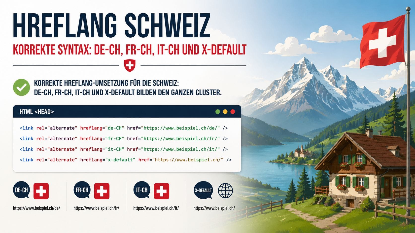 Hreflang Schweiz – korrekte Syntax und Sprachregionen Hreflang Schweiz Syntax: de-CH, fr-CH, it-CH und x-default korrekt implementiert