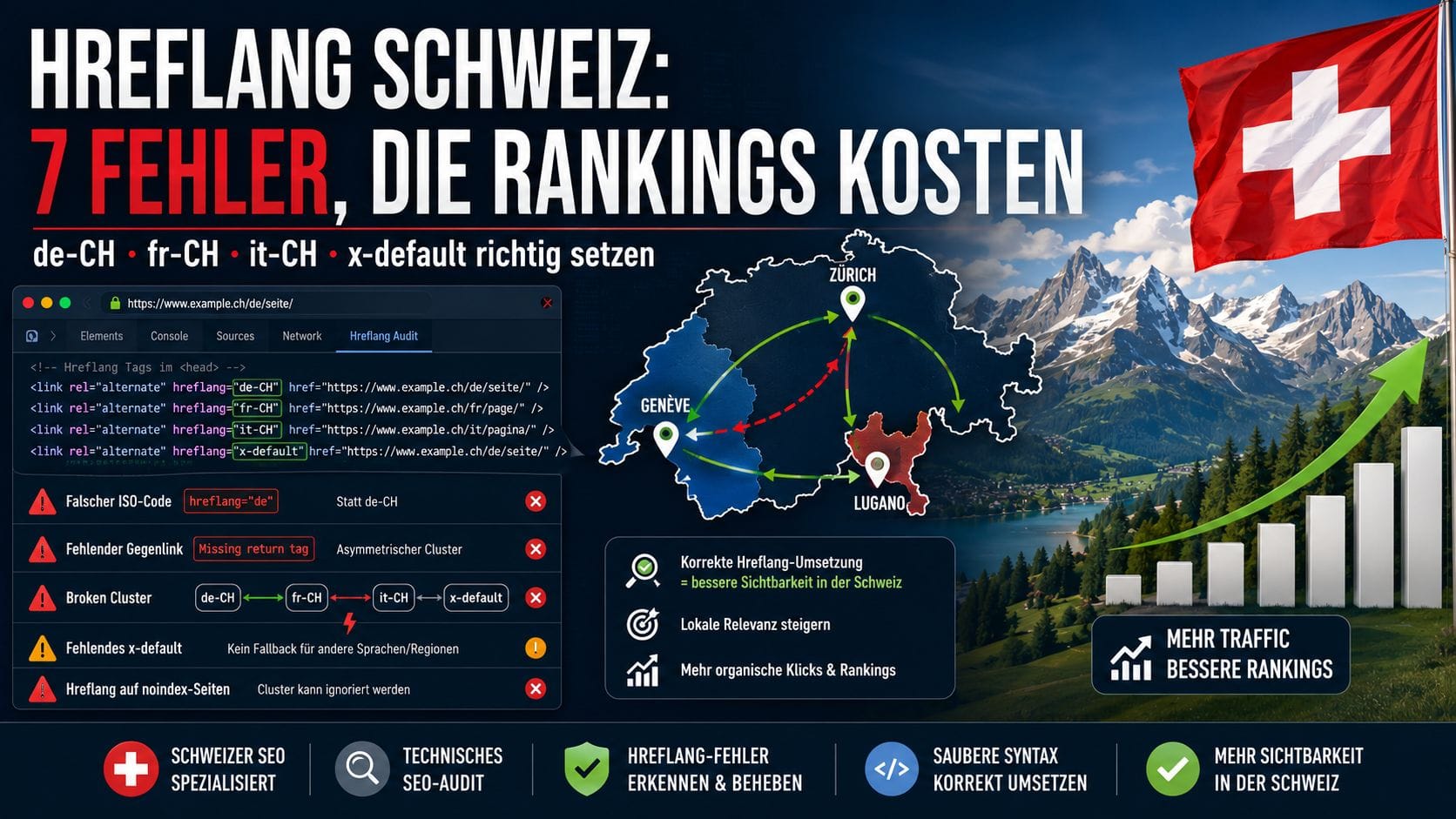 Hreflang Schweiz: 7 häufigste SEO-Fehler mit de-CH, fr-CH, it-CH und x-default für Schweizer Websites