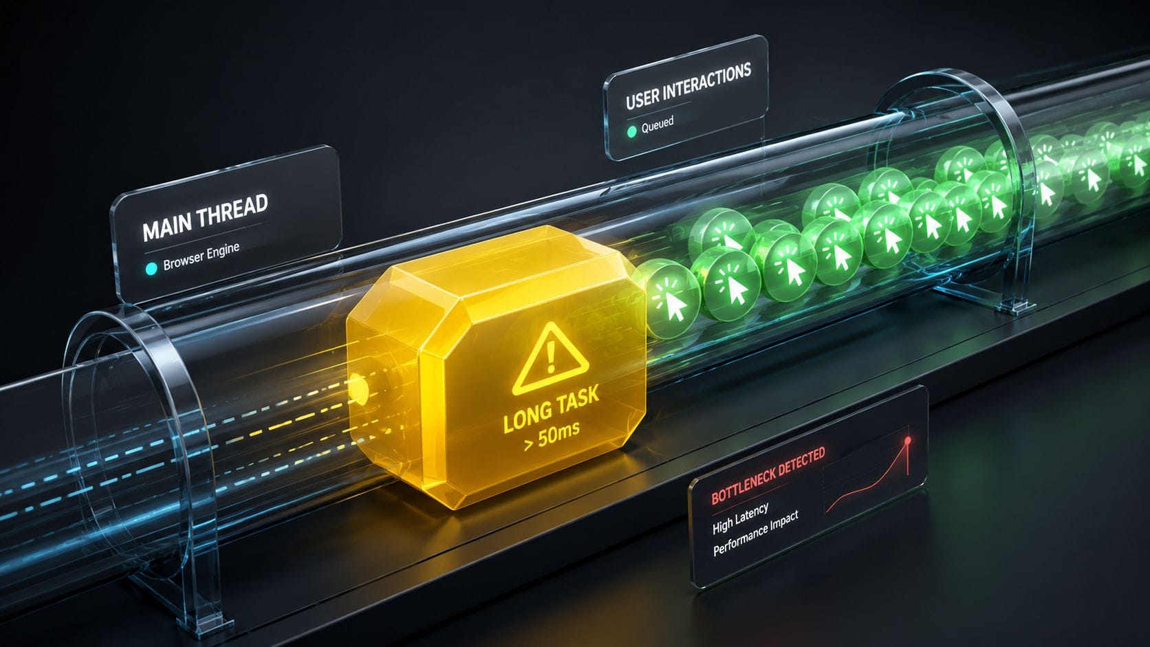 Abstrakte 3D-Visualisierung eines blockierten Browser Main Threads: Ein massiver JavaScript-Datenblock blockiert den Weg für eingehende Nutzerinteraktionen, sinnbildlich für einen schlechten INP-Wert.