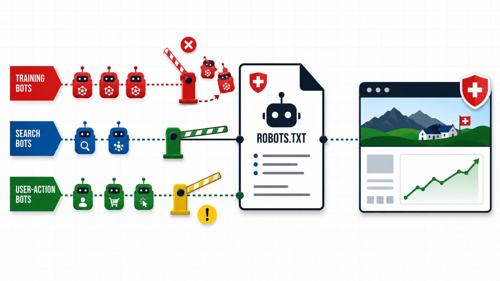 robots.txt ki crawler — Drei Bot-Kategorien Training, Search und User-Action mit Entscheidungs-Matrix für Schweizer Websites